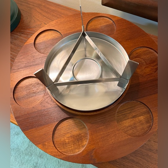 Read STELTON Denmark Fondue Set MCM Mid Century Modern Teak Lazy Susan Stainless - Picture 7 of 16